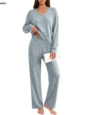 Women's Lounge Set Long Sleeve V-Neck Top Wide Leg Pants 2 Piece Pajama